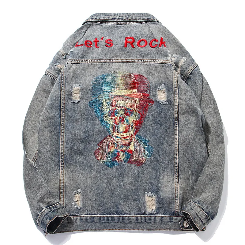 Harajuku с бахромой Rock Череп Вышивка Винтаж джинсовая куртка Мужская Панк sudadera
