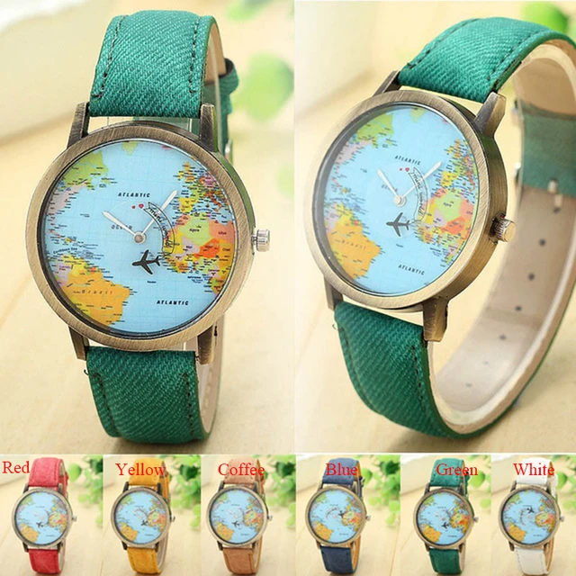 Vintage Watch Women World Map Global Women Dress Watch Denim Fabric Band Relojes Vintage Watch Women World Map Global Women Dress Watch Denim Fabric Band Relojes