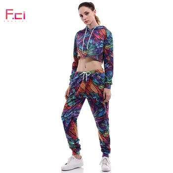 

3D Printed Feather Women Crop Top Hoodie with Pants Set Long Sleeve Crop Hoodie Drawstring Plus Size Hoodie Sweatshirts