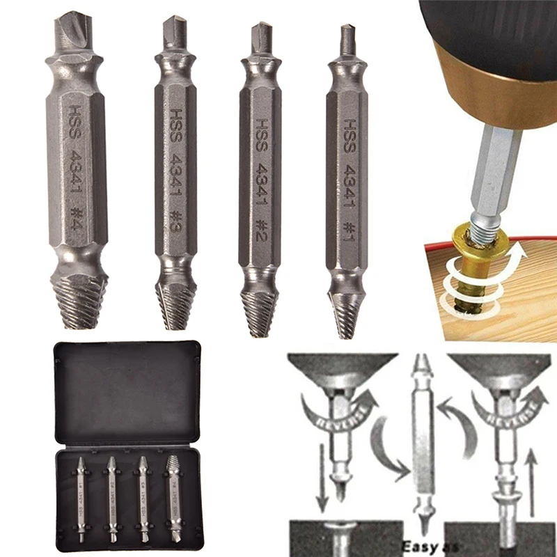 4pcsSet Broken Screw Extractor Double Side Damaged Screw Extractor Step Drill Bit Guide  Damaged Remover Double Head Damaged