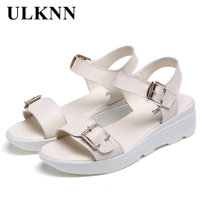 

ULKNN Ladies Flat Sandials Ankle Strap  Casual Platforms Soft Shoes Women's Sandals Summer Genuine Leather Sandals Vintage