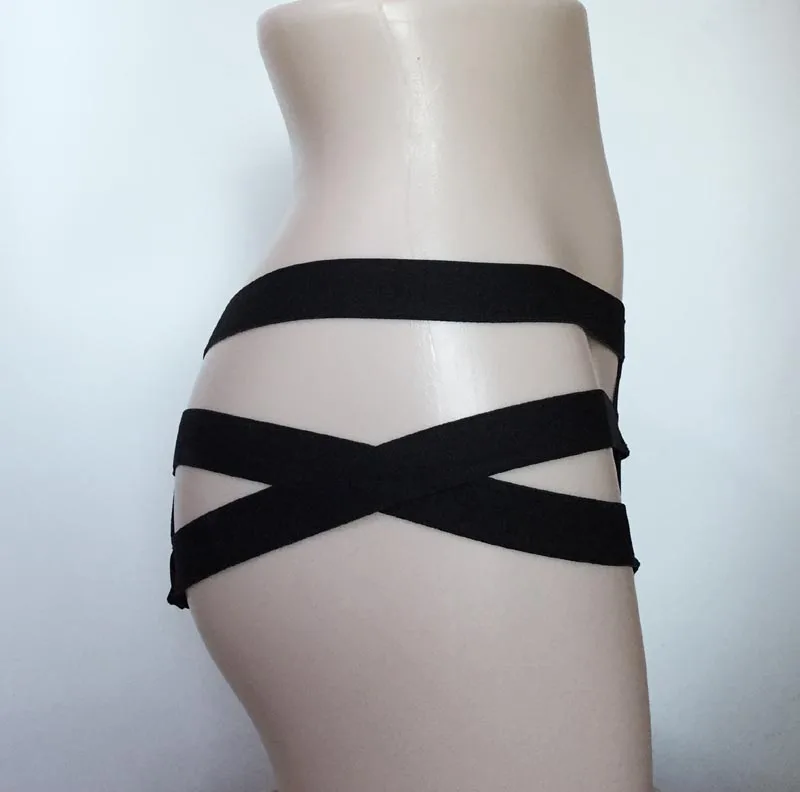 Пикантные Высокая Талия Tight Fit Strappy Связывание стринги выдалбливают черный Для женщин Панталоны панк дикие фантазии нижнее женское белье