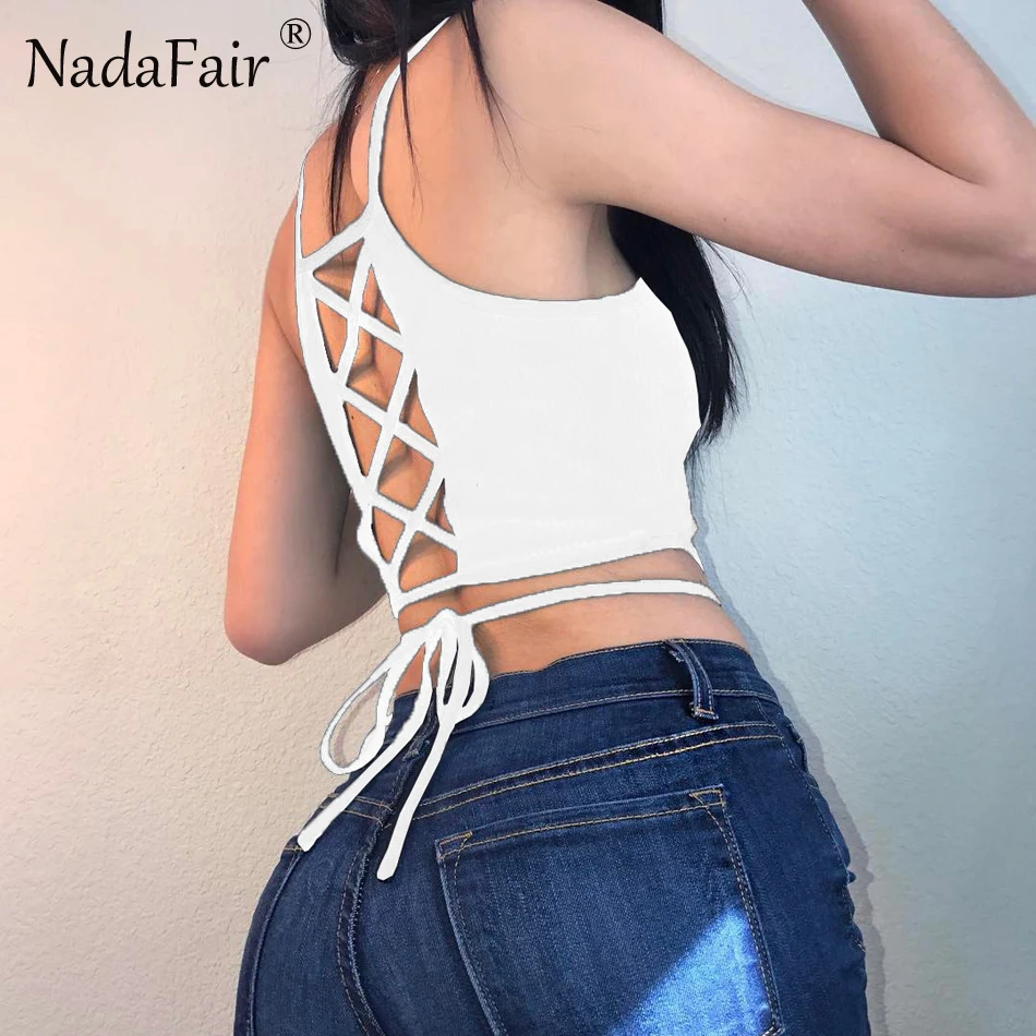 Nadafair, без рукавов, открытая спина, крест-накрест, шнуровка, обтягивающие летние женские топы,, белые, черные футболки, сексуальные, повседневные топики
