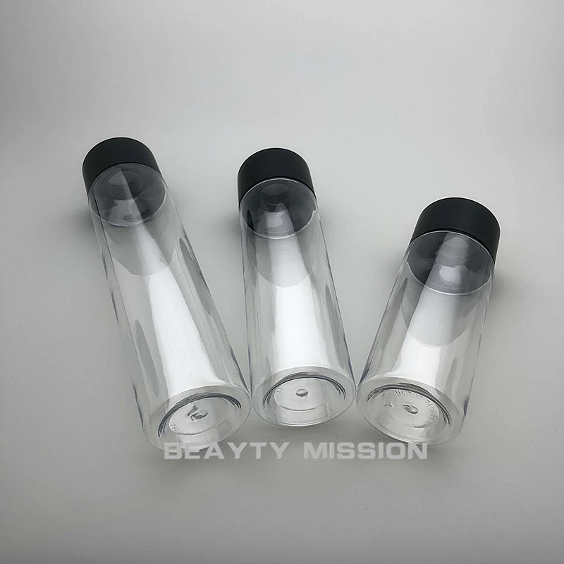 

Transparent 300ml/400ml/500ml 12 pcs/lot Empty Cylindrical Juice Water Bottle, Black Screw Cap PET Thickening Creative bottles