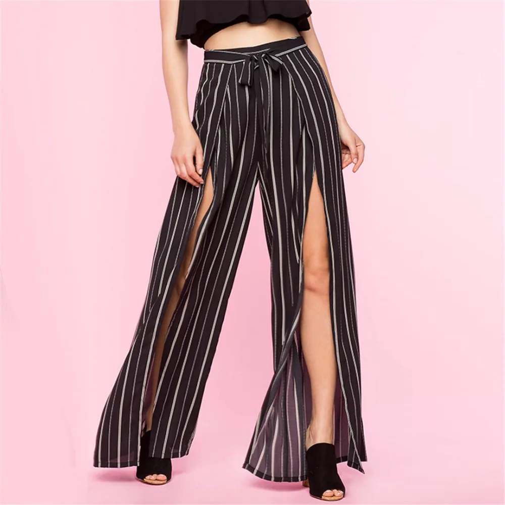 High waist loose striped summer pants plus size Sexy side split women pants sash Black wide leg trousers 2018 W52