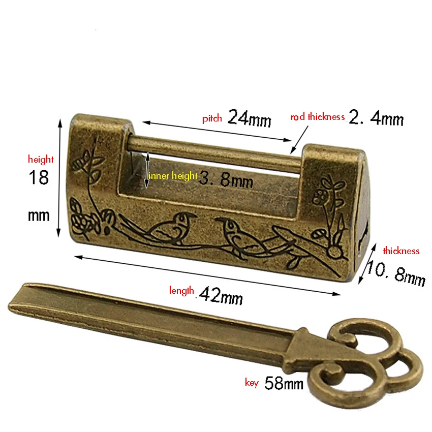 

Antique Style Carved Bird Flower plant Padlock Lock 42mm Long Body Mini Size Vintage Box Lock with Key for Jewelry Box Drawer