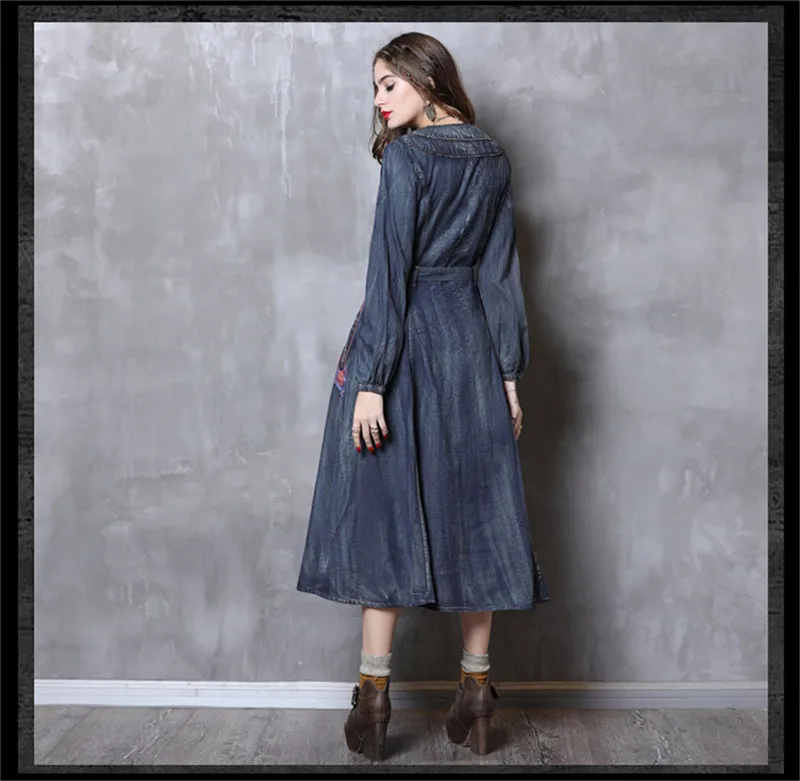 Vintage Autumn Dress Women 2018 Brand Denim Vestidos Stand Collar Long Sleeve Embroidery Belted Slim Wasit Women Dresses 82115 (16)