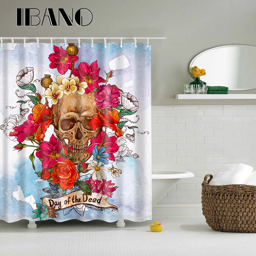 

Flowers Skull Head Pattern Shower Curtain Waterproof Polyester Fabric Curtain For The Bathroom With 12PCS Hook Wholesale