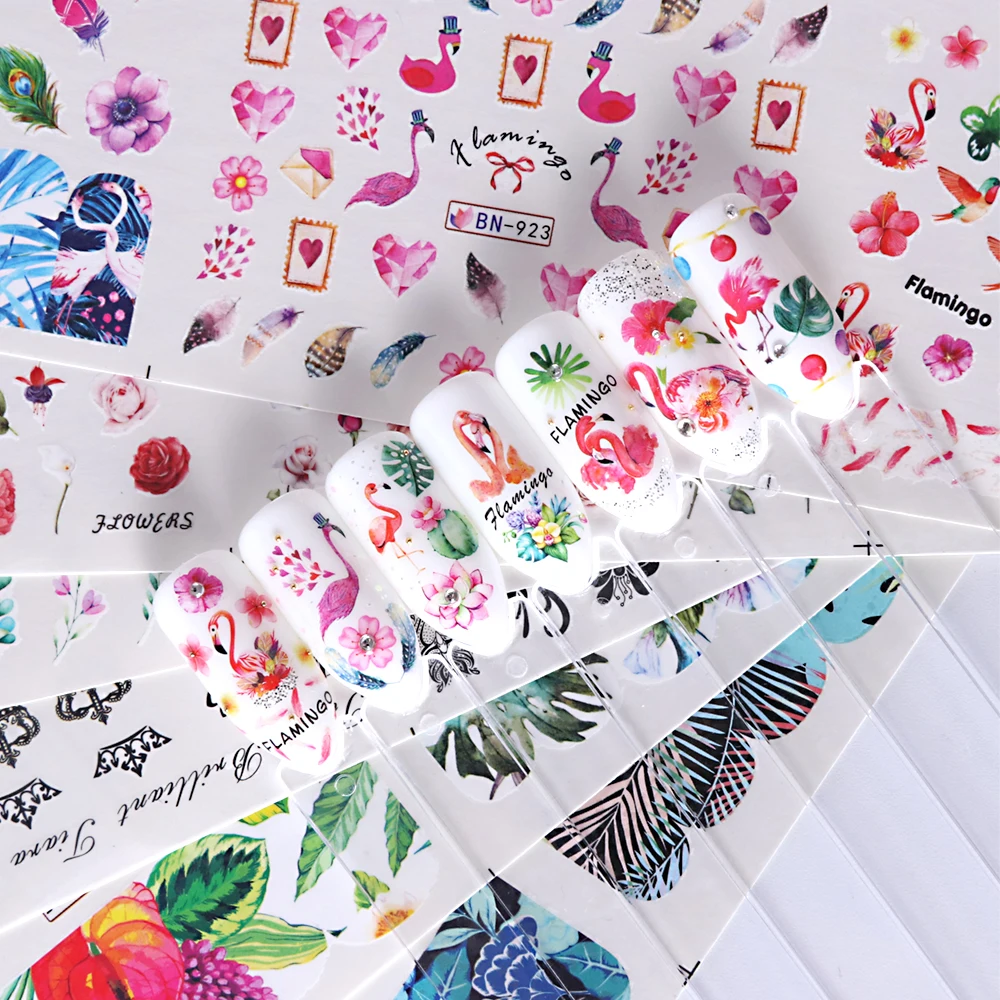 

12 Designs Water Decals Flamingo Nail Stickers Black Sliders Jungle Blossom Birds Big Leaves Wraps Decoration Access BEBN913-984