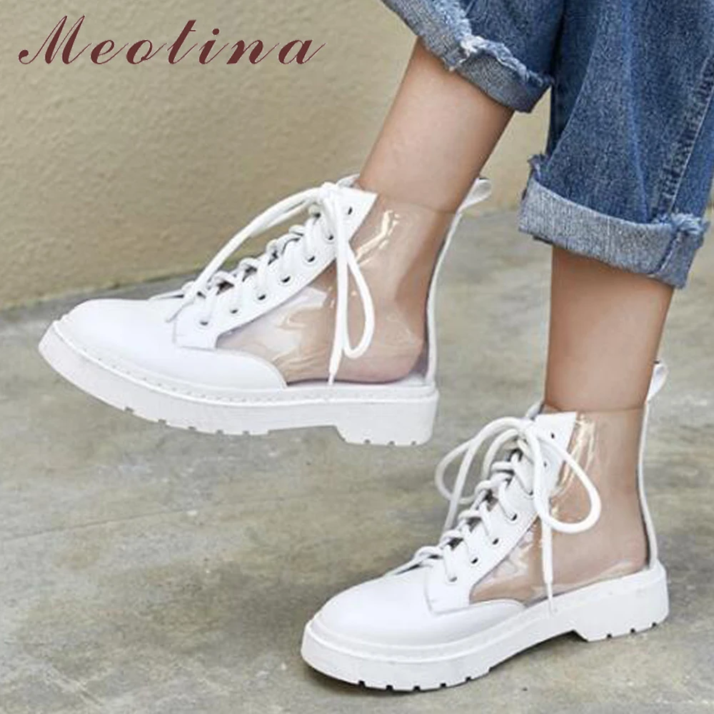 

Meotina Autumn Women Ankle Boots Transparent Boots Lace Up Martin Boots Flat Motorcycle Boots shoes Fashion Ladies Footwear