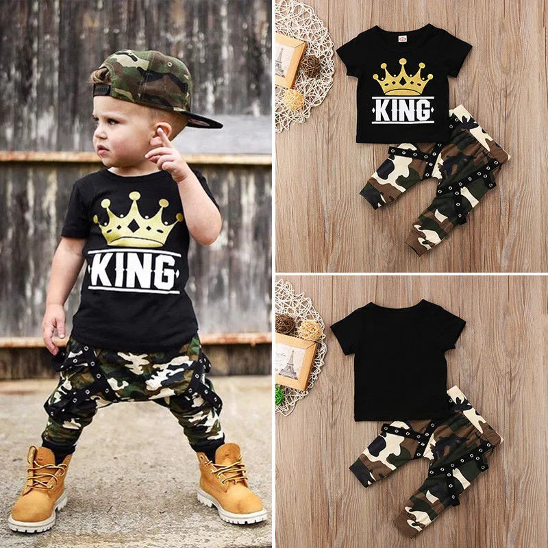 

Casual Toddler Kids Baby Boys Clothes short sleeve round neck letter print pullover Tops camouflage Pants 2pc cotton Outfits