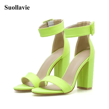 

Fashion Peep Toe Microfiber Women Sandals Thin Heels Buckle Cover Heel Green Red Shoes Summer High Heel Sexy Sandals