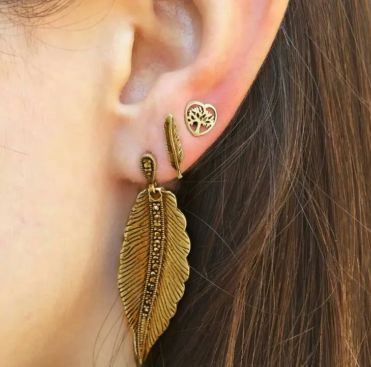 3 Piece trendy alloy metal stud Earring Super set Square leaves life