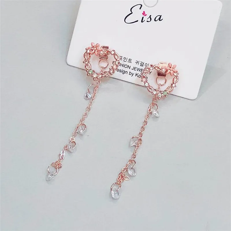 

MENGJIQIAO 2018 Korean New Fashion Bijoux Sweet Flower Heart Drop Pendientes Mujer Moda Shiny Zircon Tassel Earrings For Women