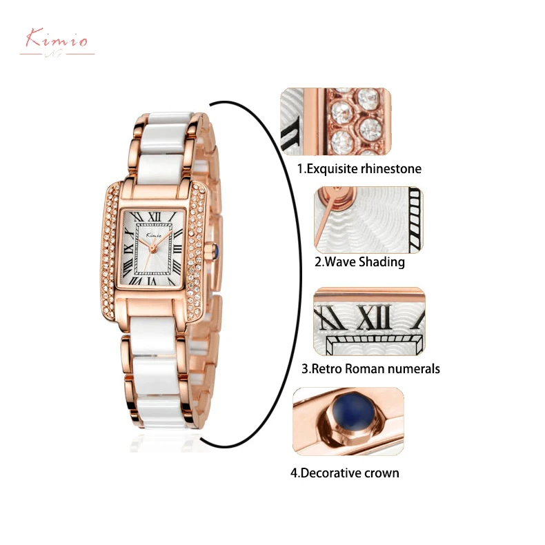 Kimio женские кварцевые часы, модные синие квадратные часы с бриллиантовым браслетом, Брендовые Часы с имитацией керамики, студенческие водонепроницаемые наручные часы