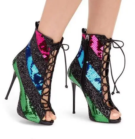 blingbling Colorful paillette peep toe high heel lace up ankle boots large size customize make |