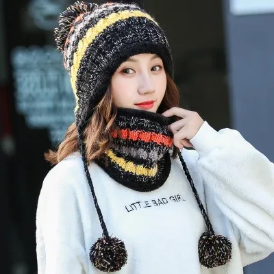 Women Winter Hat And Scarf Set Warm Knit Plus Velvet Hat Scarf For Girls High Quality Pompoms Balaclava Caps Scarf 2 Pieces/Set - Цвет: as photo