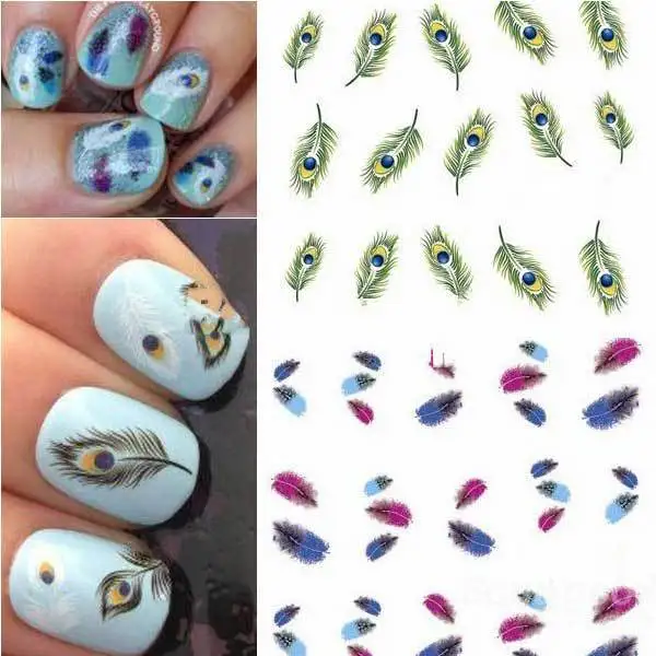 Drake Colorful Peacock Feather Nail Art Stickers Water Transfer Decals | Красота и здоровье