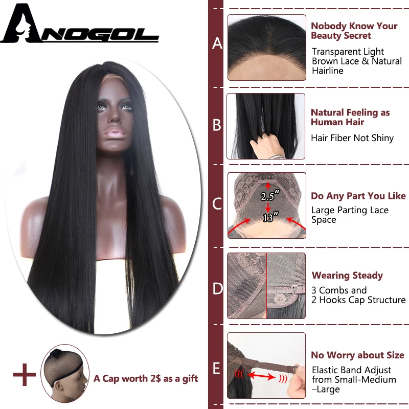 Anogol 1B черные высокотемпературные волокна волос парики средняя часть длинные прямые синтетические кружева передний парик для афроамериканских женщин