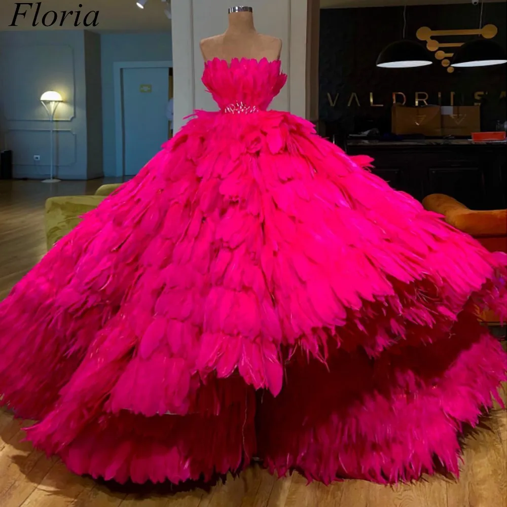 Fuchsia Luxury Feather Celebrity Dresses Ball Gown Strapless Gorgeous Red Carpet Dress Award Ceremony Party Gowns With Sash