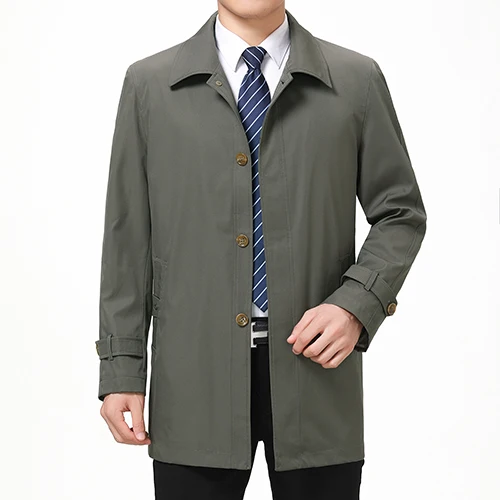 Mu Yuan Yang однобортный мужской Тренч Куртки с отложным воротником повседневные мужские куртки среднего возраста Твердые Тренчи на молнии пальто - Цвет: Army Green