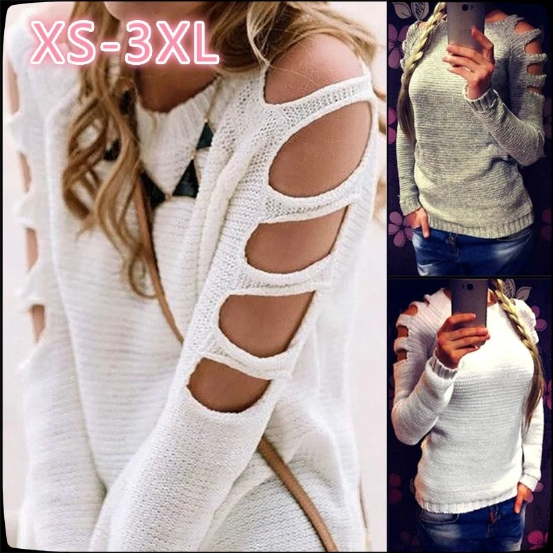 

Women’s Fashion Casual Knit Sweater Off Shoulder Sweater Ladies Pure Color Tops Autumn Winter Cotton Pullovers Knitted Sweaters
