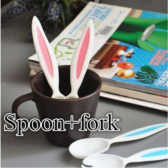 

2Pcs/lot New Rabbit Ears Baby Spoon and Fork Set Children Tableware Kids Cutlery Dinnerware Tableware