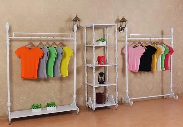 

Iron art clothing rack floor clothing store display rack women's clothing rack solid wood vintage display rack shelves