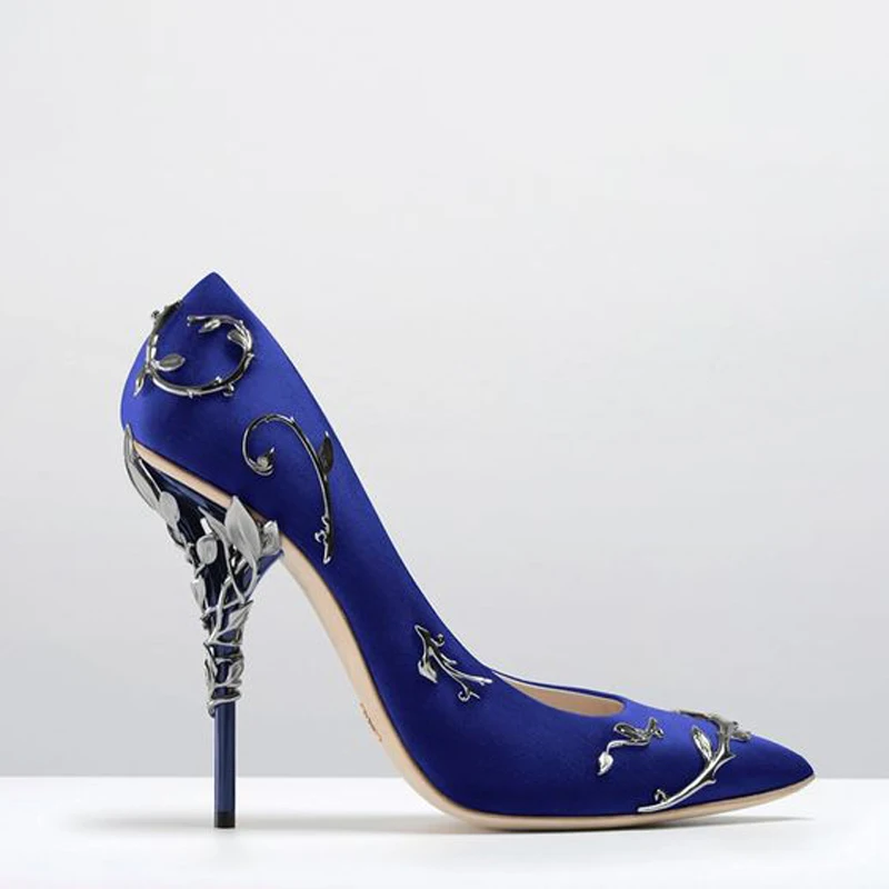 Blue Pumps Teahoo/Роскошные Брендовые женские туфли-лодочки с острым носком; свадебные туфли на каблуке с цветочным узором; женские элегантные шелковые брендовые дизайнерские туфли-лодочки на высоком каблуке - Цвет: Blue Pumps