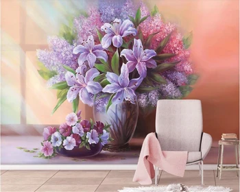 

beibehang European character three-dimensional 3d wallpaper beautiful oil painting lily lavender bedroom background papier peint