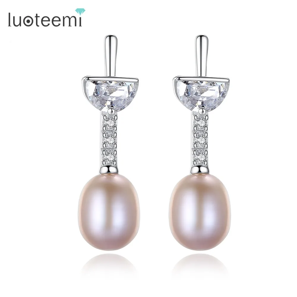 

LUOTEEMI Brand 100% 925 Sterling Silver AAA Cubic Zirconia Stud Earrings With Natural Freshwater Pearl Women Wedding Party Gifts