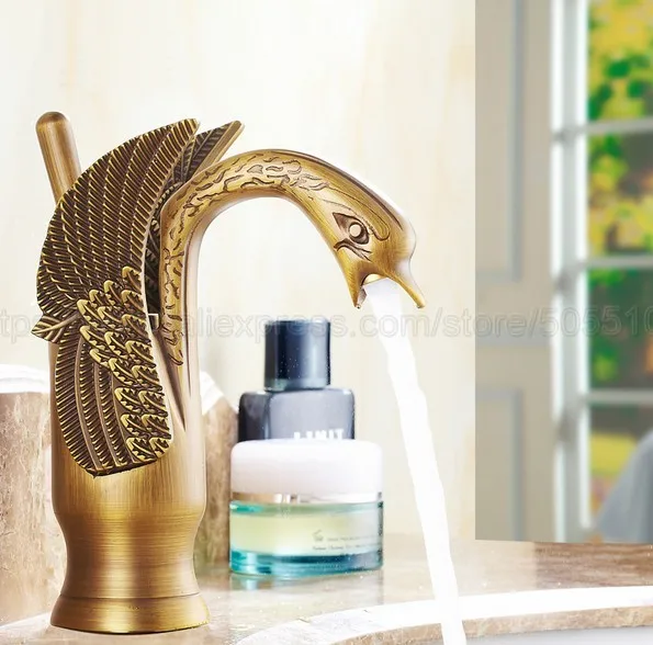 Bathroom Faucet Antique Brass Swan Shape Single Handle Wash Basin Bathroom Deck Mounted Tap znf087