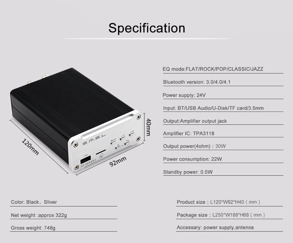 SMSL SA-36A Plus HIFI аудио класса D усилитель 30 Вт* 2 TPA3118 Bluetooth цифровой усилитель мощности AUX/U диск/TF карта/USB вход