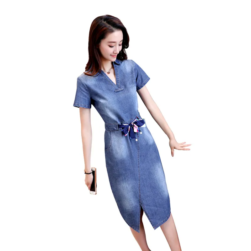 

2019 Summer Dress New Medium Long Short-Sleeved Slim Slimming Denim Dress Waist Was Thin V-Neck Casual Denim Dress Female JIA250