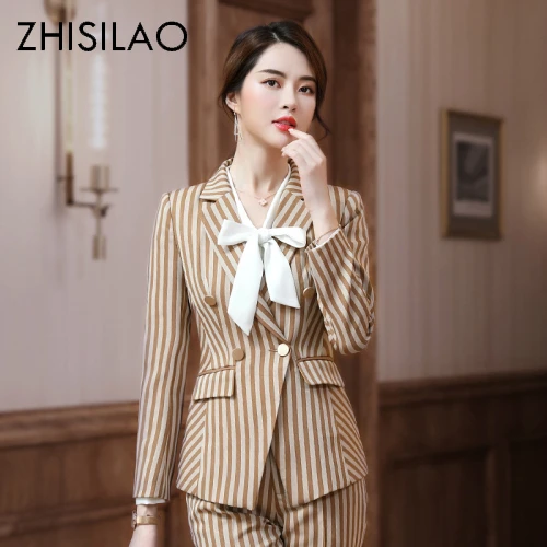 

Office Lady Ol Blazer Two Piece Sets Elegant Stripe Work Tracksuit Pant Suits For Women Blazer Coat + Office Pants Outfit Female