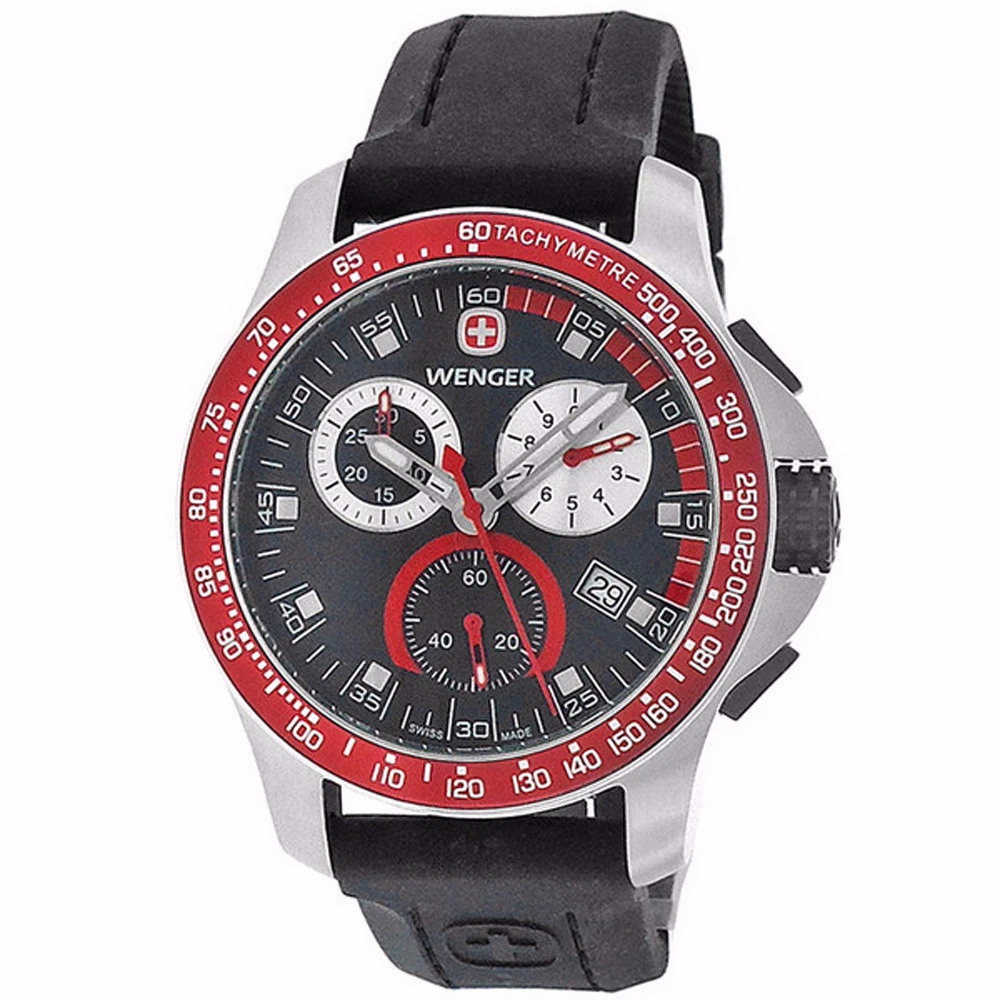 WENGER Mens Battalion Field Chrono Red and Black Rubber Strap Watch 70789