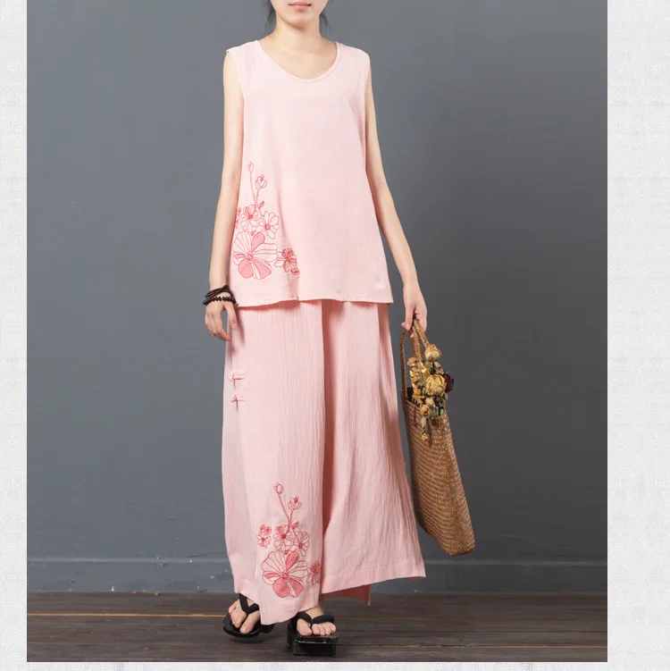 LZJN 2019 New Summer Women Sets Loose Tops and Pants Two Piece Suit Sets Women Casual Cotton Linen Tank Tops and Pants Set  (10)