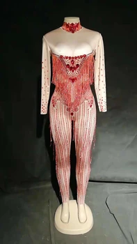 

Sparkly Rhinestones Red Tassels Sexy Jumpsuit Big Stones Bodysuit Women's Birthday Prom Costume Nightclub Singer Show Stage Wear