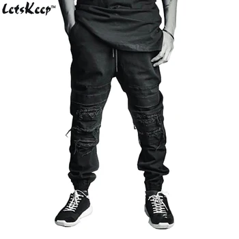 

LetsKeep Mens Ripped jogger jeans Ankle length biker jean Harajuku slim fit broken Knee rip pants with Drawstring, ZA165