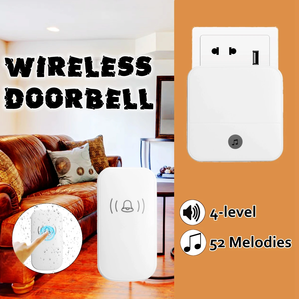 

300M Waterproof LED Wireless Doorbell EU/US/UK Plug 52 Songs Chime Door Bell SOS 1 Receiver 1 Button