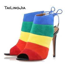 2016 New Women Sandals Ankle High Slingbacks High Heels Thin Heels Spring Autumn Peep Toe Rainbow Handmade Shoes US Size 4-15
