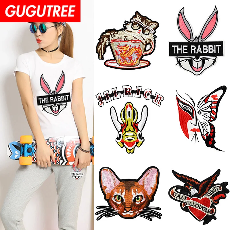 

GUGUTREE embroidery big rabbit buttlefly cats eagle fish patches animal patches badges applique patches for clothing XC-120