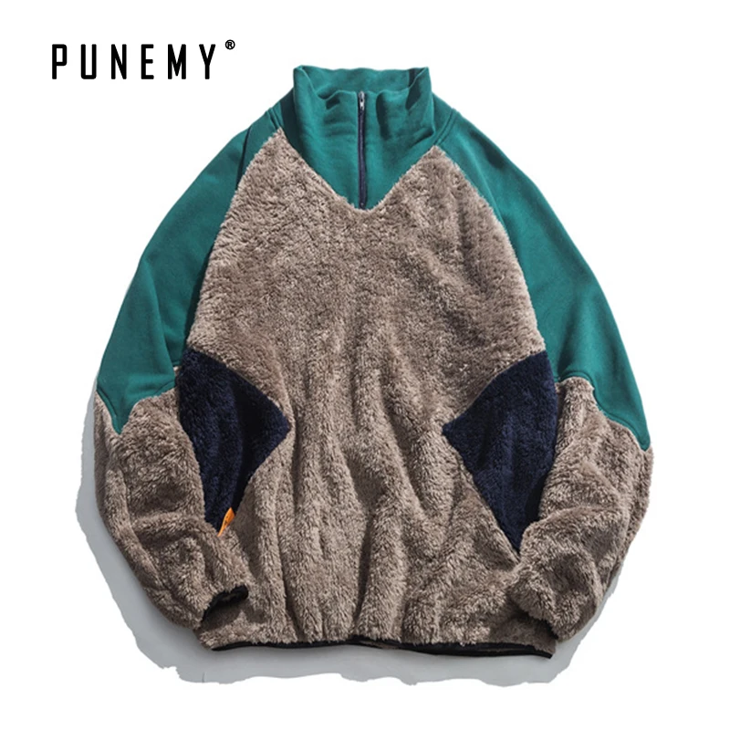 

Men Hoodie Fake Lambswool Stand Collar Zipper Vintage Japanese Streetwear Hip Hop Oversize Harajuku Pullover Hoody Man's Hoodies