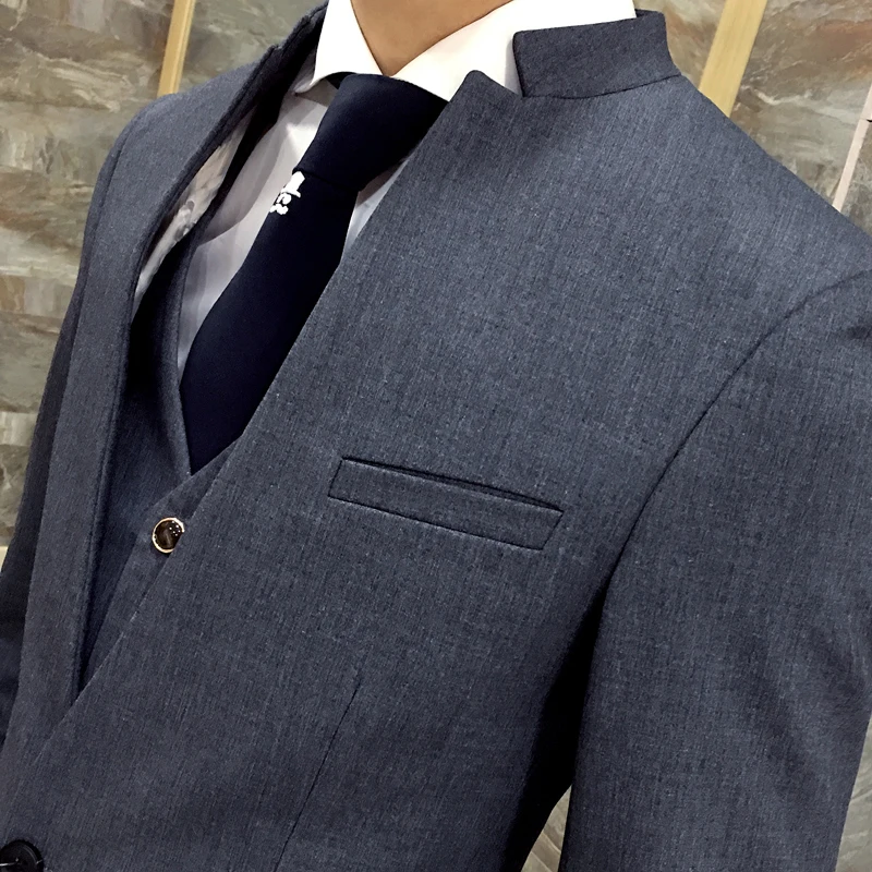 Последние конструкции пальто брюки Стенд воротник 3 шт. серые деловые костюмы для мужчин черные мужские свадебные костюмы trajes мужские часы de vestir