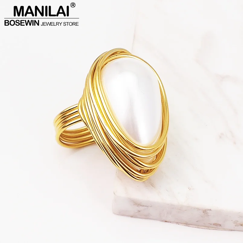 

MANILAI Handmade Wire Spiral Statement Rings Women Charm Simulated Pearl Rings Finger Statement Rings Party Jewelry