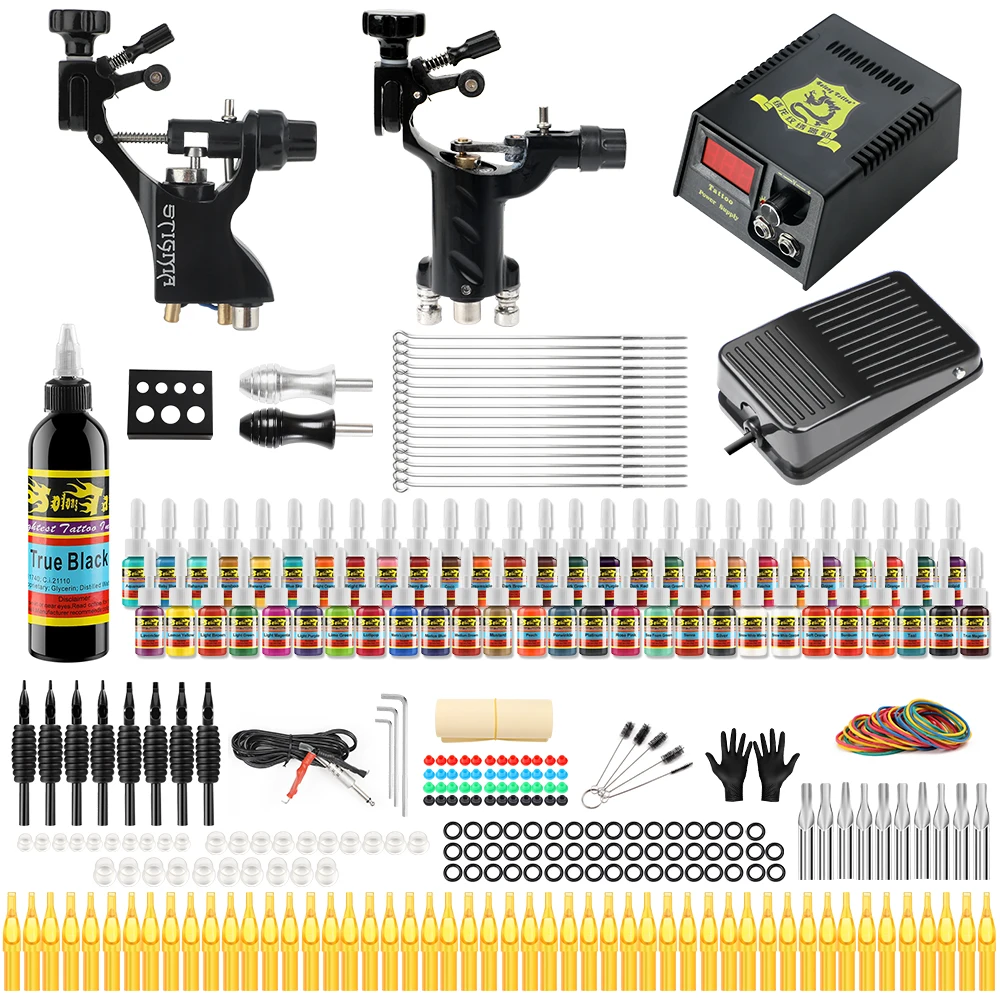 

New Starter Beginner Complete Tattoo Kit Professional Tattoo Machine Kit Rotary Machine Guns 54 Inks Power Supply Grips Set