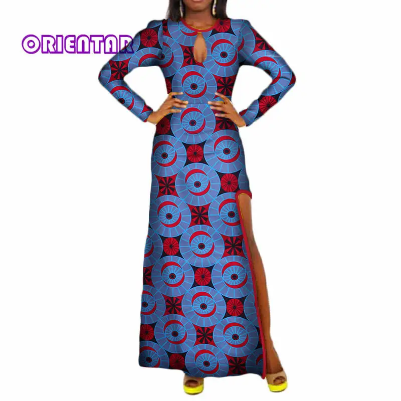 2018 Африканский Воск платье с принтом для Для женщин Базен Riche сексуальная сторона Разделение платье с длинными рукавами традиционные