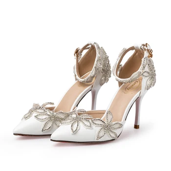 

Wedding Sandals White Women Sweet Rhinestone Flowers Shoes Bride High Heels 5cm 9cm 14cm Personal Custom New Design Bling Shoes