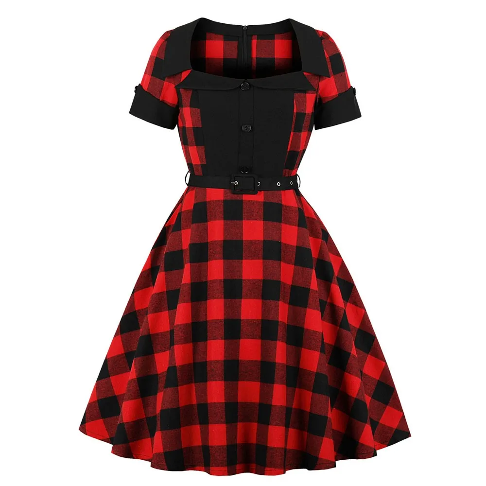 

Vintage Gothic Office Lady Elegant Plus Size Women Dresses Cotton Plaid Button Zipper Large Sizes Female Fashion Red Dress