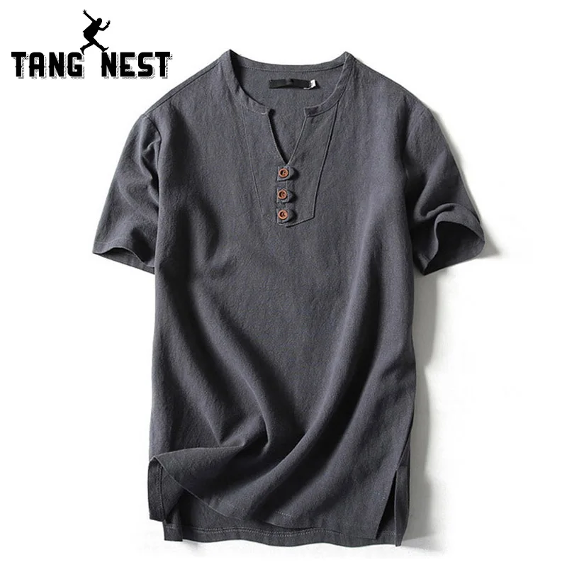 

TANGNEST 2018 Summer Linen Short Sleeve T-shirt Casual Slim V-Neck Men T-shirt Comfortable Big Size 5XL 6 Colors T shirt MTS2498